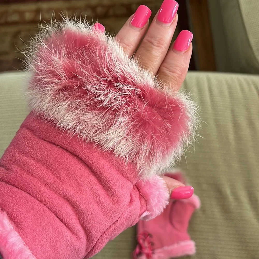 Pink Faux Fur Fingerless Lace Up Gloves
